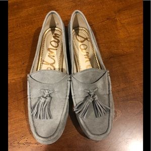 Gray suede tassel loafers